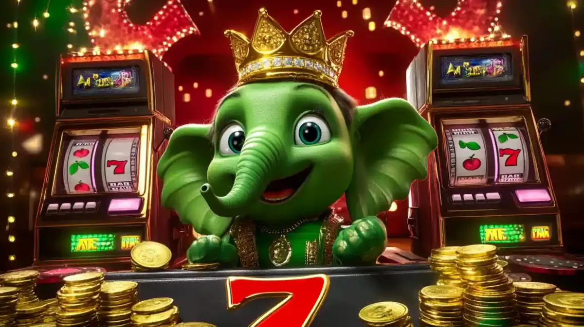 Mascote elefante verde usando coroa dourada na frente de máquinas caça-níqueis