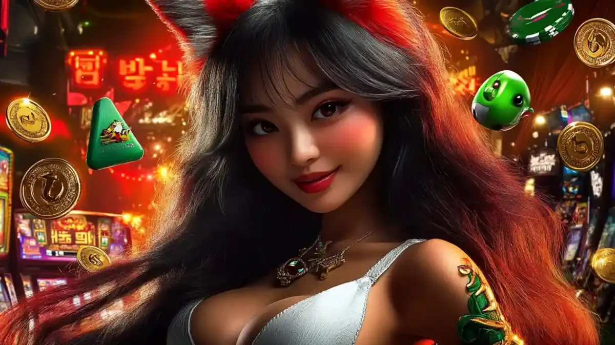 Mulher misteriosa com orelhas de raposa em ambiente de cassino com luzes neon